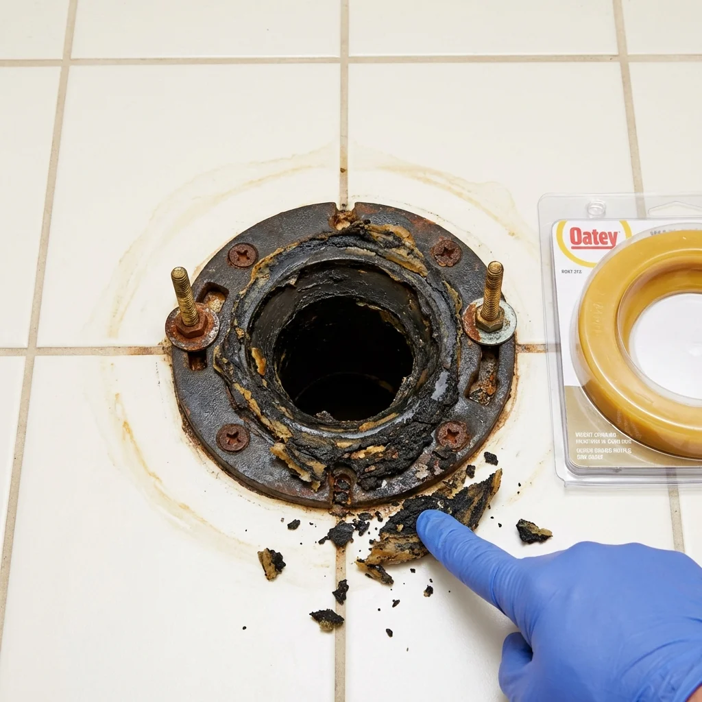 Failed wax ring showing water seepage at the base of a toilet in a Troy, IL home