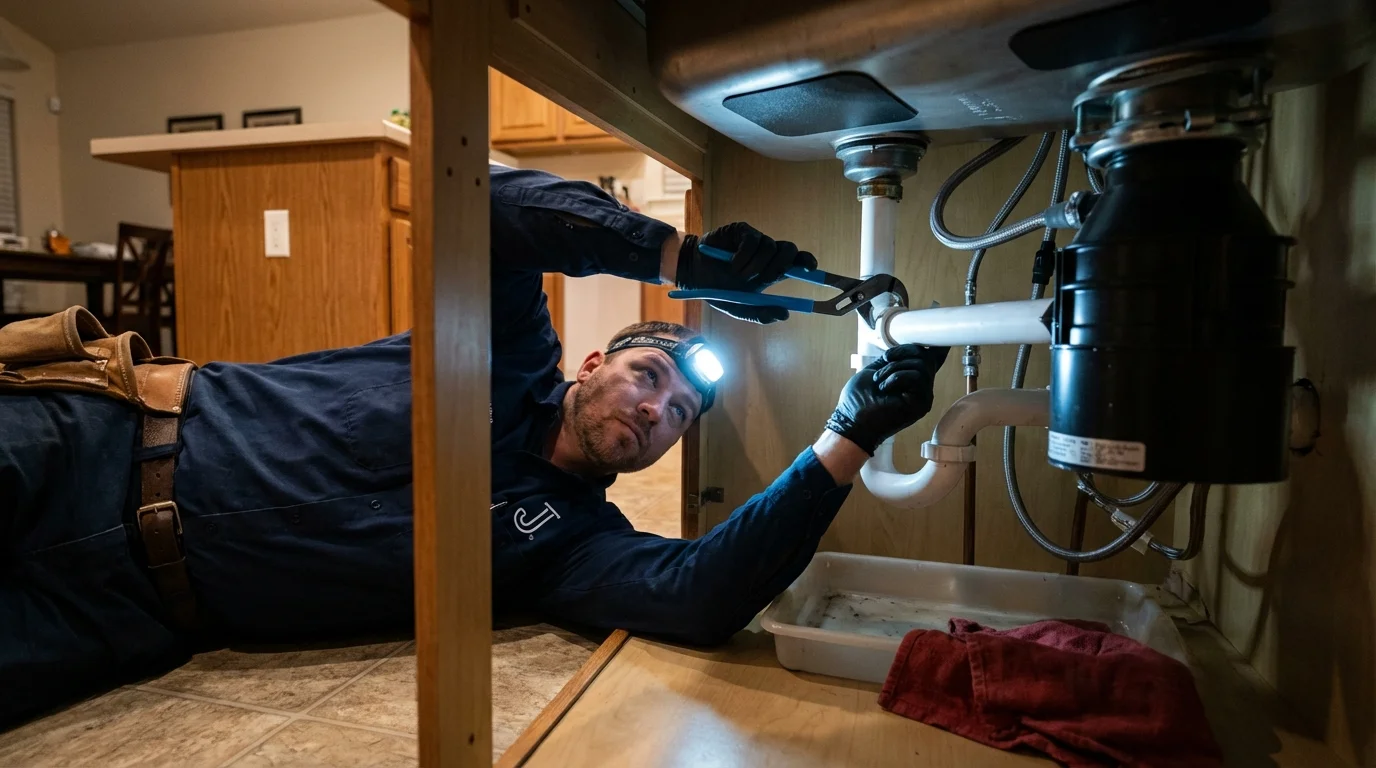 P-trap and supply line connections under a kitchen sink showing a common leak point in Troy, IL